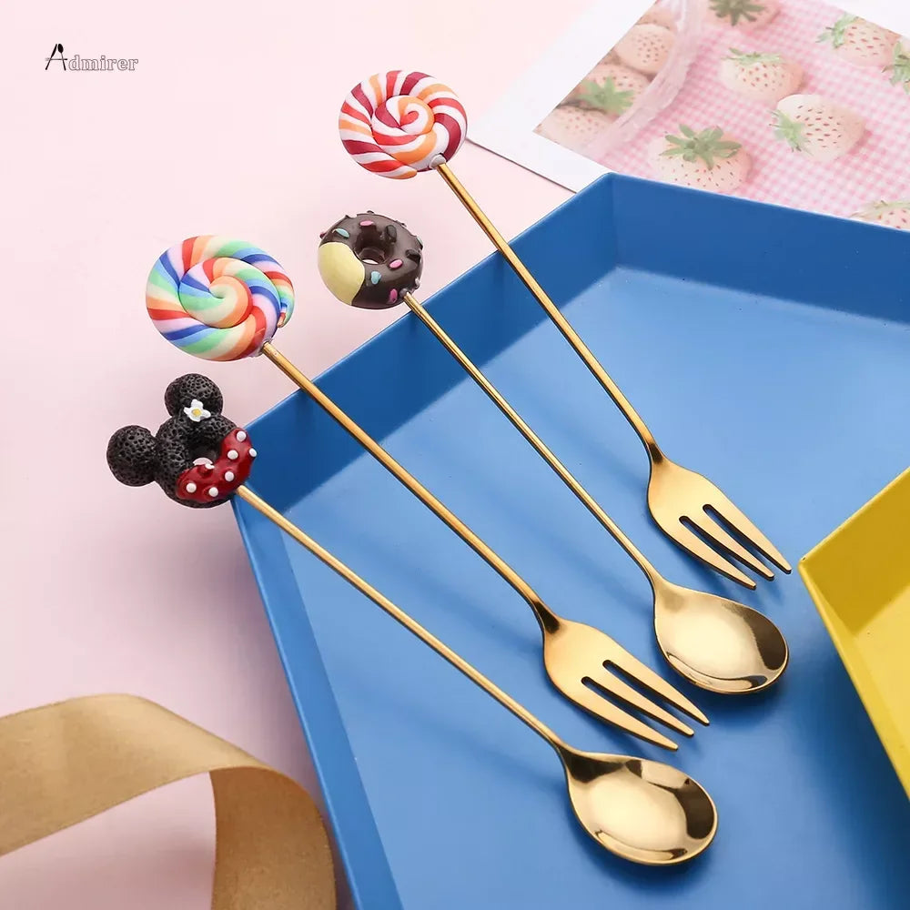 Stainless Steel Spoon Fork Cute Version Rainbow Lollipop Donut Macaron Dessert Spoons Fruit Forks Kids Set Kitchen Accessories