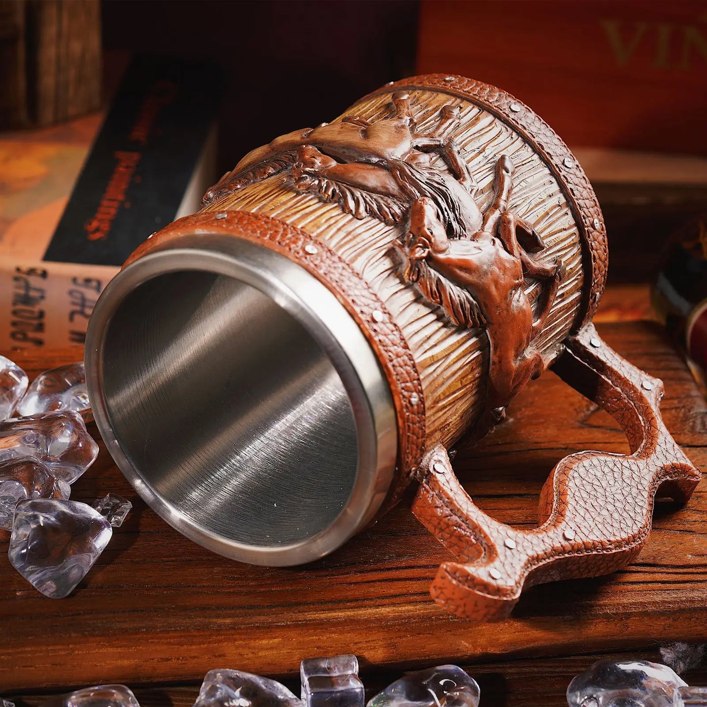 3D Handmade Beer Mug Wood Stainless Steel Cup Running Horses Simulation Wooden Barrel Double Wall Vintage Bar Accessories