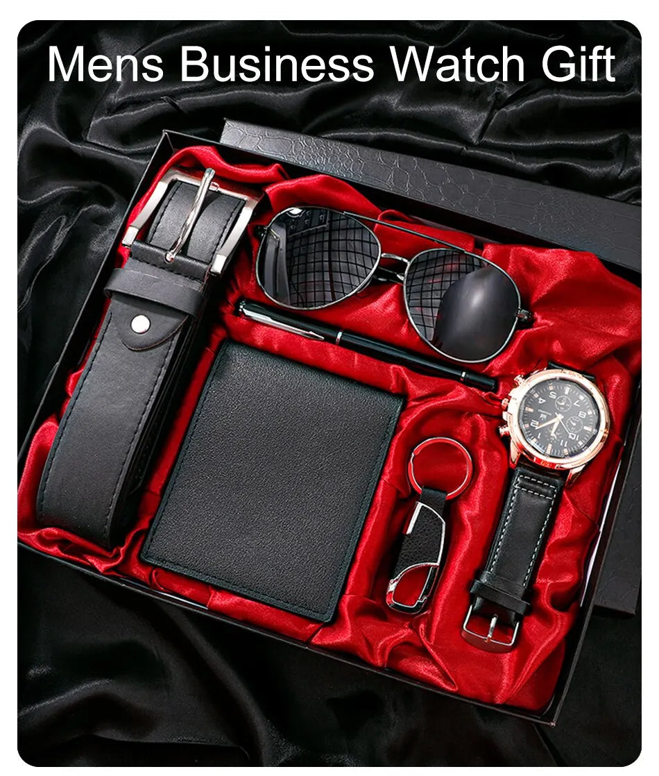 SHAARMS Men Gift Watch Business Luxury Company Mens Set 6 in 1 Watch Glasses Pen Keychain Belt Purse Welcome Holiday Birthday