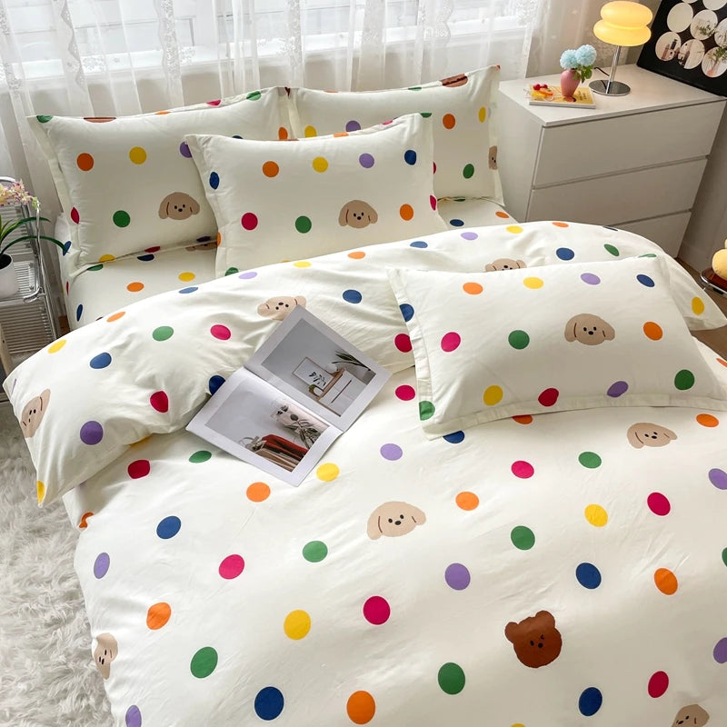 Colorful Polka Dot Cotton Duvet Cover Set with Zipper Cute Bear Bedding Sets for Men & Women, Luxury Reversible Comforter Covers