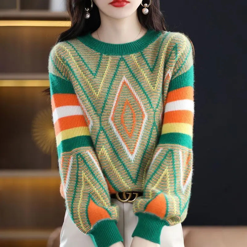 New Autumn/Winter Fashion Trend Lazy and Loose Fit Large Size Colored Versatile Cashmere Women's Long Sleeve Knitted Sweater