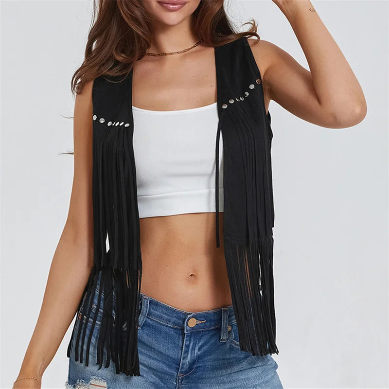 Women Fringe Vest Faux Suede Open Front Vintage Vest Sleeveless Hippie Clothes Boho Western Cowboy Style Short Jacket