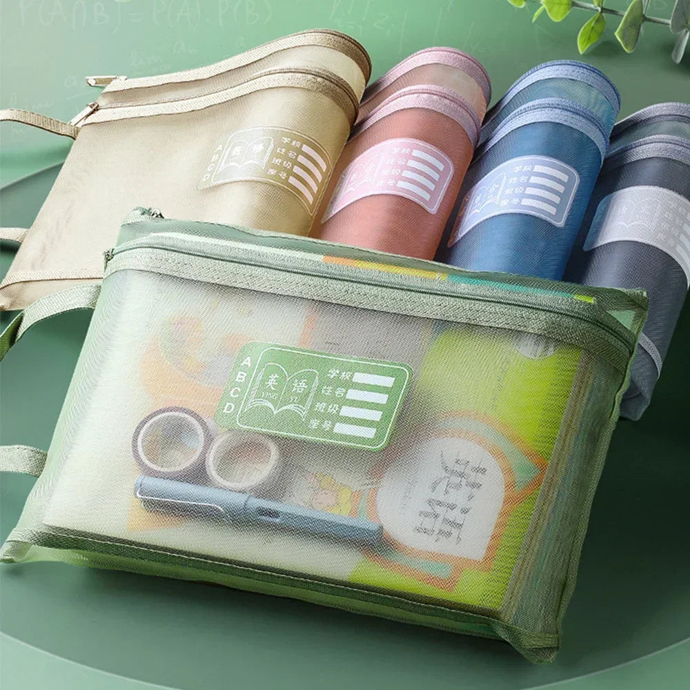 A4 Stationery Storage Bag Double-layer Mesh Zipper Bag Large Capacity Organizer Cosmetic Makeup Bag Transparent File Folders