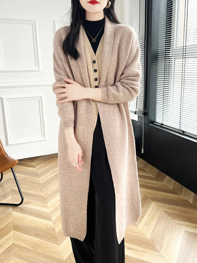 2024 Women Long Cardigan Cashmere Sweater Spring Autumn Winter Office Lady Loose Coat 100% Merino Wool Knitwear Korean Fashion