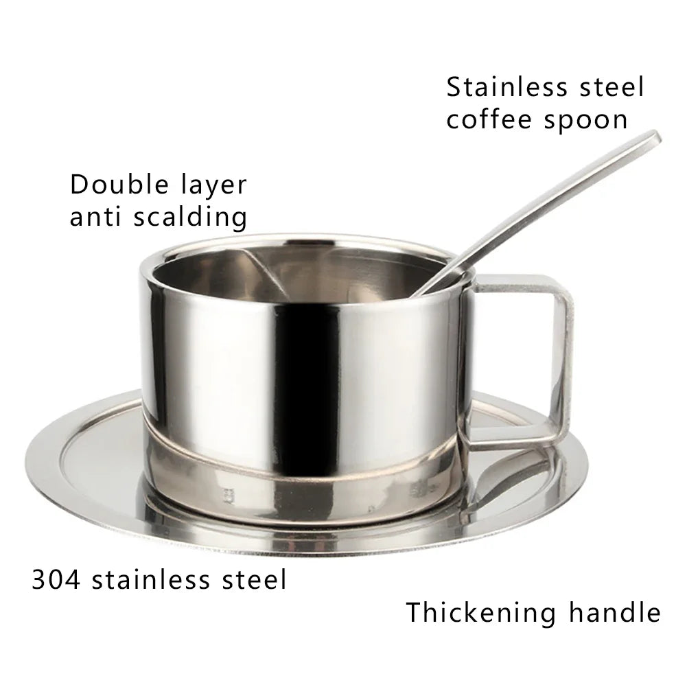 Stainless Steel Coffee Cup Set Double Walled Heat Resistant Mug with Saucer Spoon Drink Tableware Kitchen Cafe Accessories