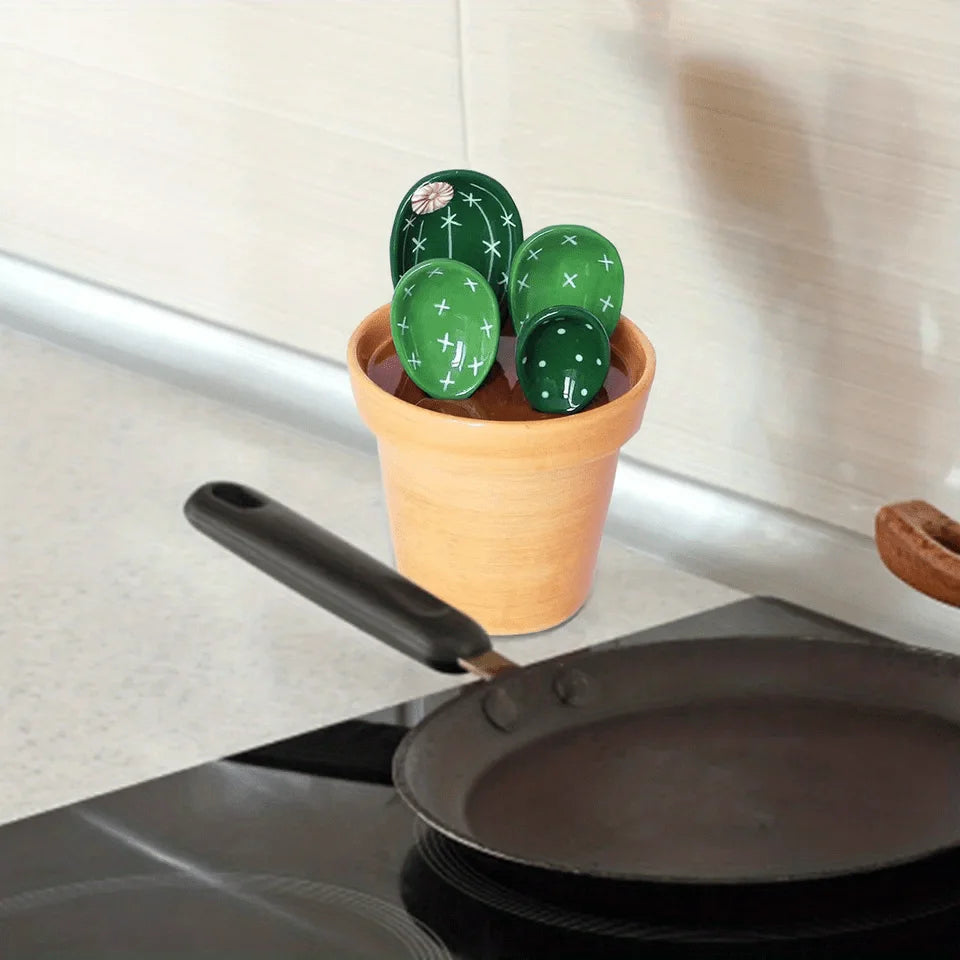 1set Ceramic Cactus Measuring Spoons Set Adorable Functional Kitchen Utensils with Holder Cup Unique Home Ornament Measuring Cup