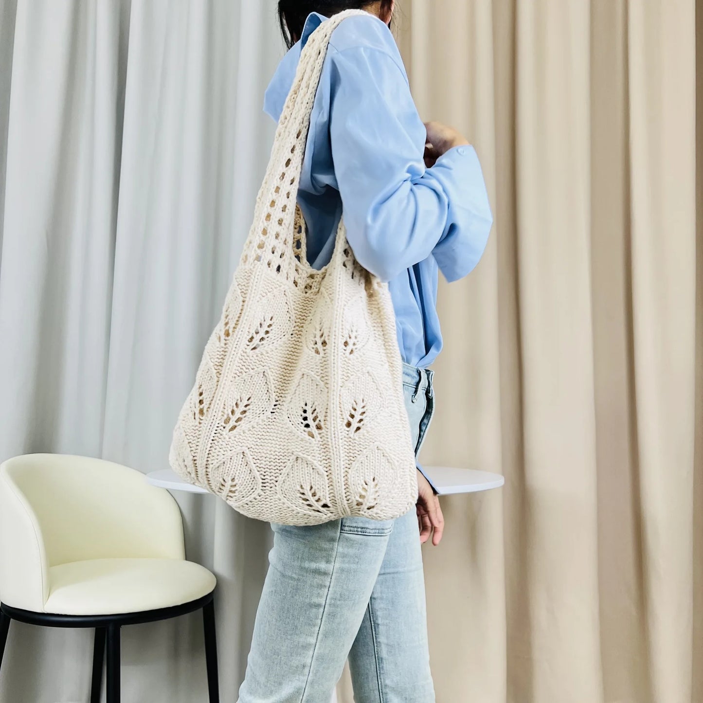 Knitted Handbags Beach Bags Lightweight Students Shoulder Casual Tote Female Style Shopping Woven Bags For Women Girls