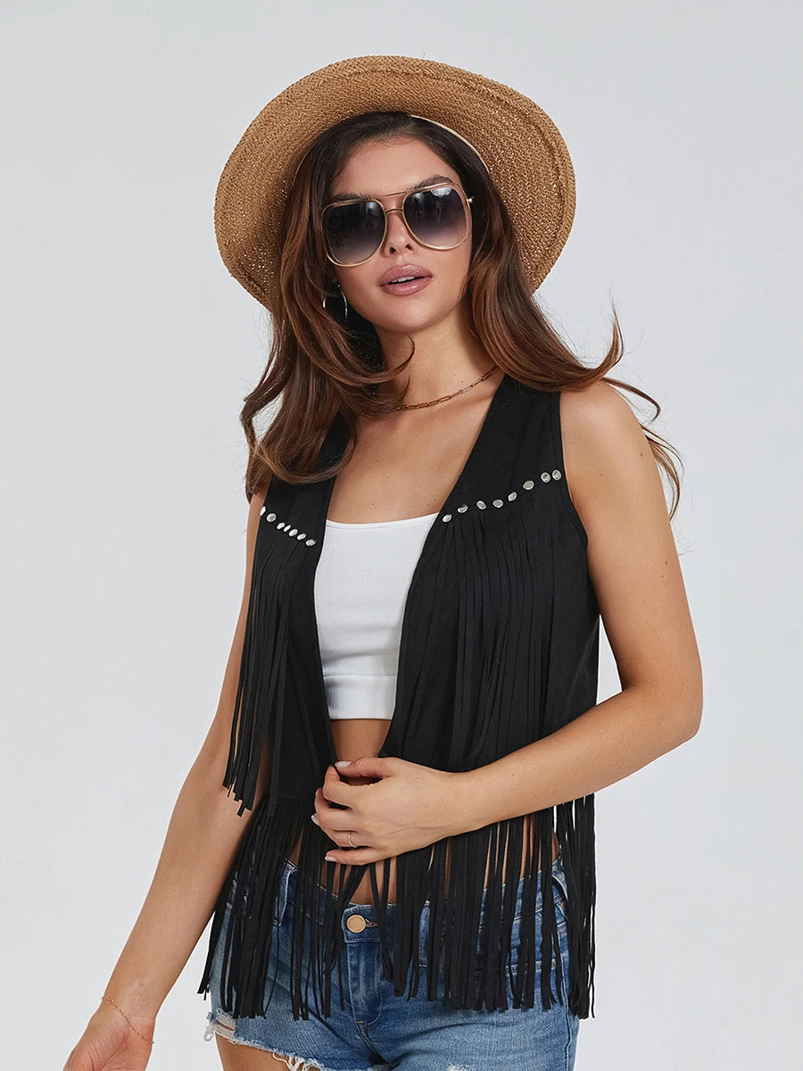 Women Fringe Vest Faux Suede Open Front Vintage Vest Sleeveless Hippie Clothes Boho Western Cowboy Style Short Jacket