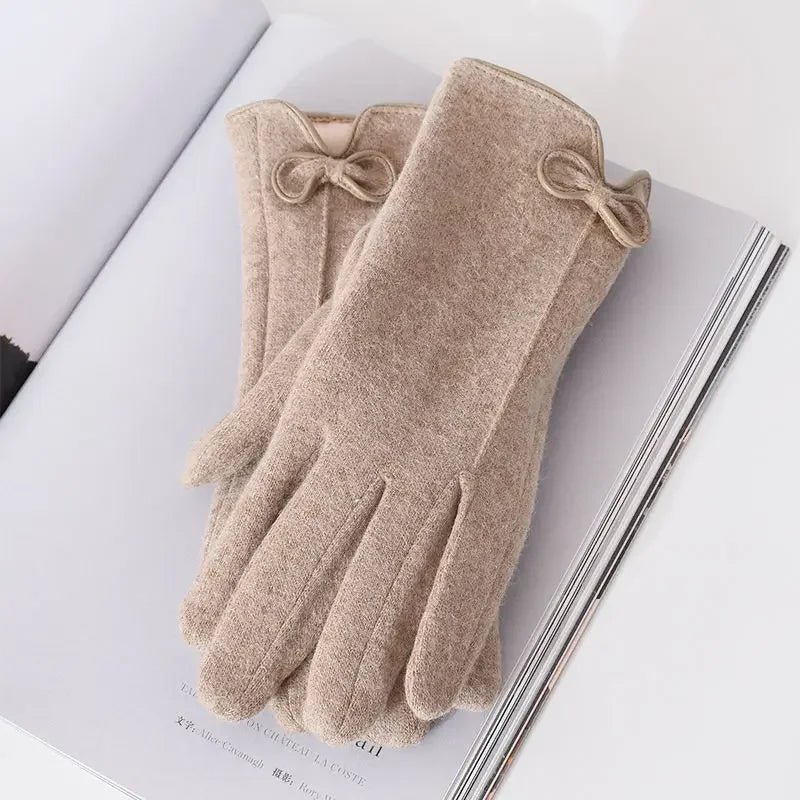 Women's Winter Cashmere Touch Screen Warm Gloves Outdoor Riding Plus Velvet Thicken Wool Bow Full Finger Driving Mittens S29