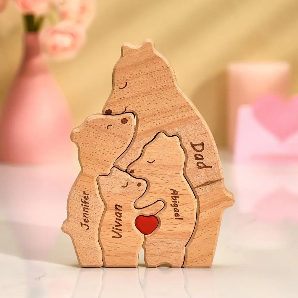 Name Personalized Custom Mother's Birthday Gift Family Names Sculpture Wood Puzzle Bear Family Heart Puzzles Home Decoration Valentines Gift