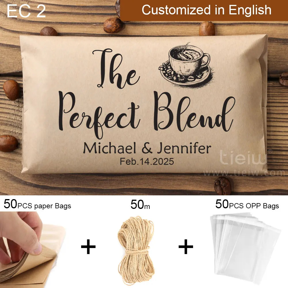 50PCS Bridal Shower Coffee Favor Bag Personalized Wedding Favor For Guest in Bulk Custom Kraft Paper Gift The Perfect Blend