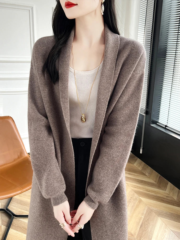 2024 Women Long Cardigan Cashmere Sweater Spring Autumn Winter Office Lady Loose Coat 100% Merino Wool Knitwear Korean Fashion