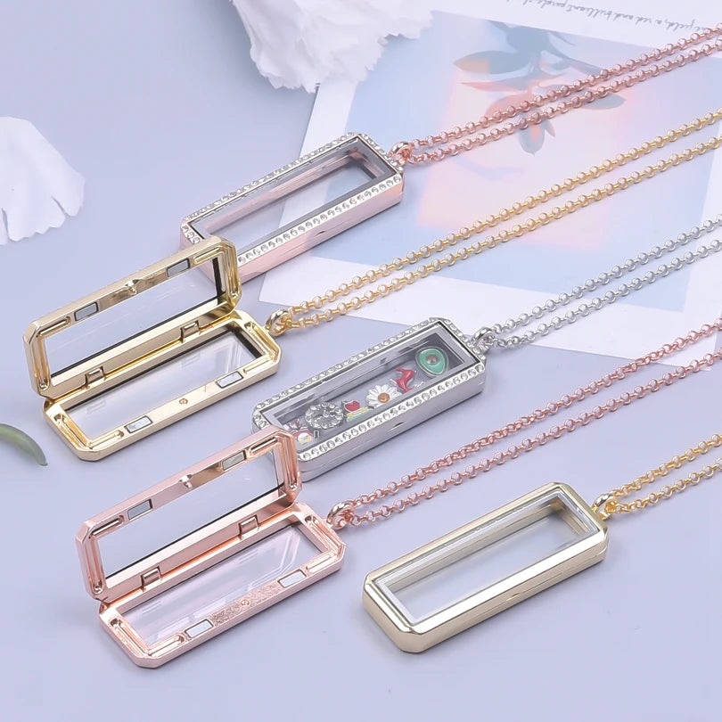 1Pc Vertical Rectangle Glass Memory Locket Pendant Women Necklaces Diy Men Floating Picture Living Medaillon Collares Jewelry