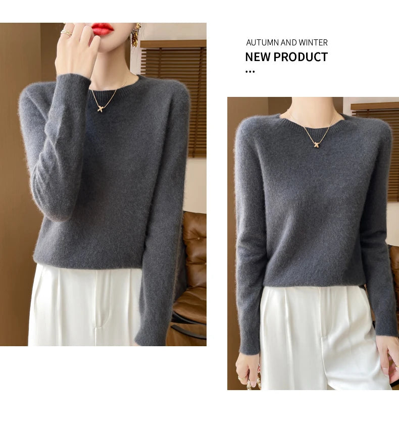 Autumn Winter Women Clothing O-Neck Pullover 100% Merino Wool Sweater New Fashion Cashmere Tops Bottoming Long Sleeve Knitwear