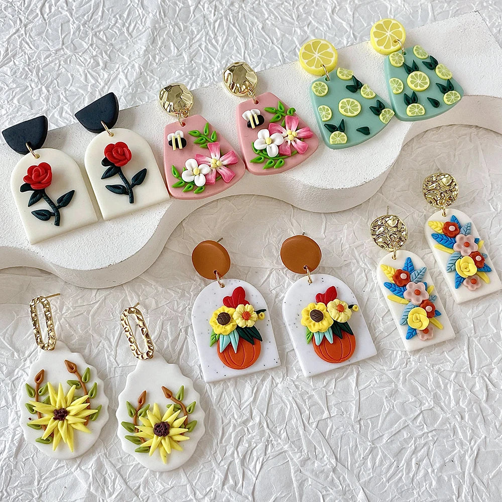 AENSOA Handmade Delicate Floral Polymer Clay Earrings for Women Colorful Cluster Flowers Drop Earrings Lightweight Jewelry 2023