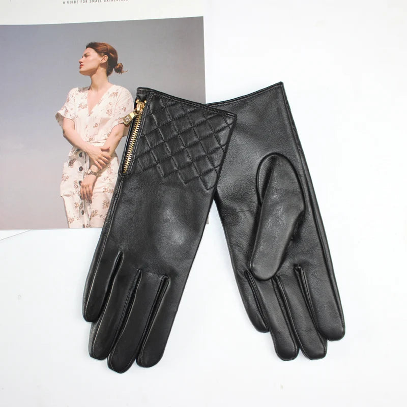 New Ladies Sheepskin Gloves Fashion Embroidered Zipper Style Touch Screen Winter Warm Thick Velvet Autumn Leather Driving Gloves