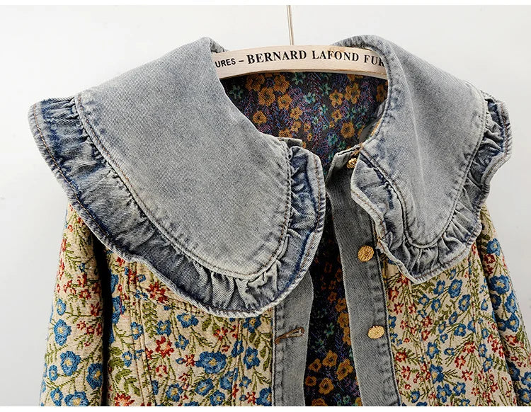 Spring Fashion Jacquard Embroidery Denim Jacket Women Loose Short Blue Cowboy Outwear Peter Pan Collar Jeans Jacket Coat Female