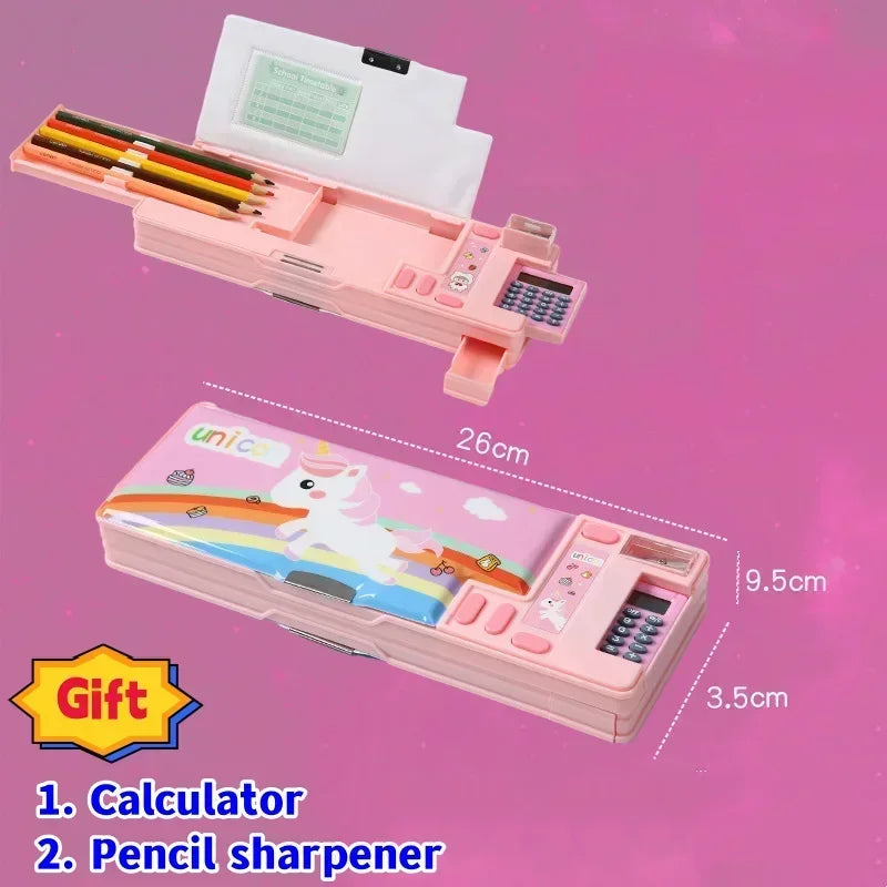 Creative Multi-functional Plastic Stationery Box for Primary School Students Double-sided Magnetic Pencil Calculator Sharpener