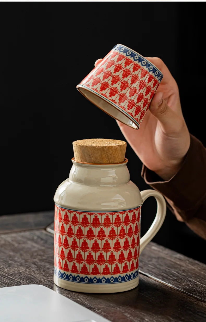 Chinese Style Teacup Set with Ruyao WanHua, Small Warm Pot, Lid Mug, Large Capacity Ceramic Hand Warmer, Travel Tea Pot + Cup