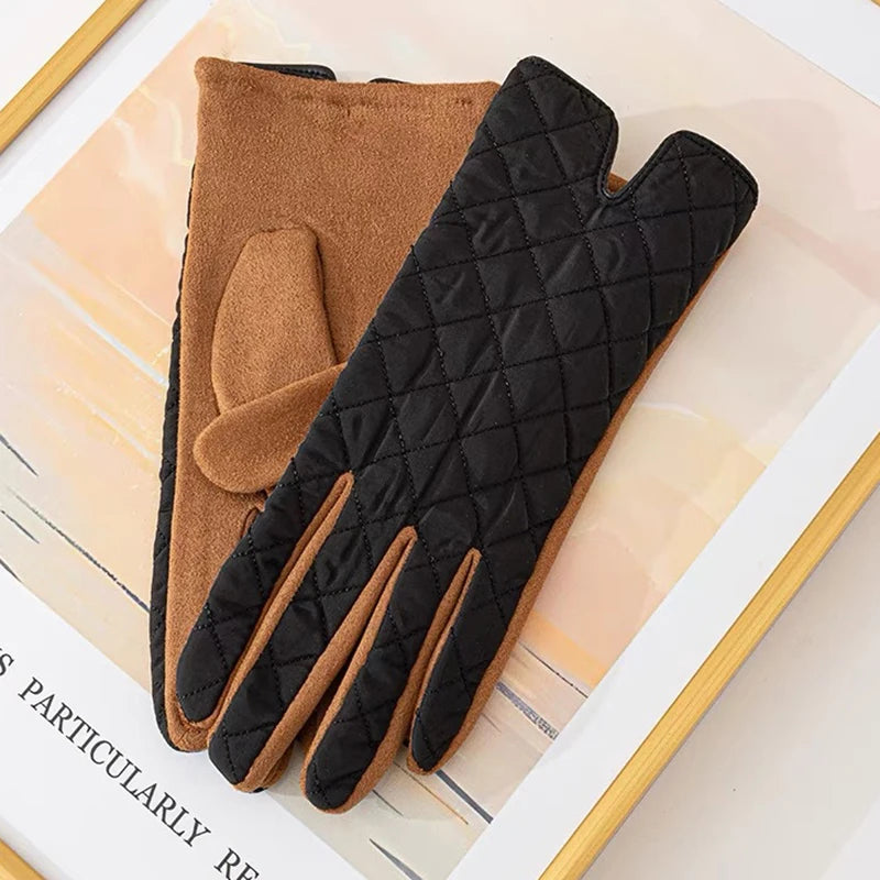 Women's Contrasting Suede Leather Plus Velvet Thicken Touch Screen Driving Warm Gloves For Sports Winter Outdoor Ski Coldproof