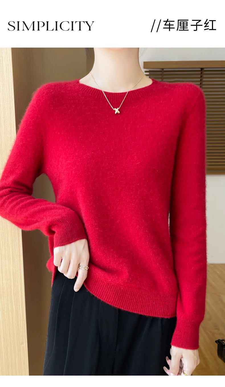 Autumn Winter Women Clothing O-Neck Pullover 100% Merino Wool Sweater New Fashion Cashmere Tops Bottoming Long Sleeve Knitwear