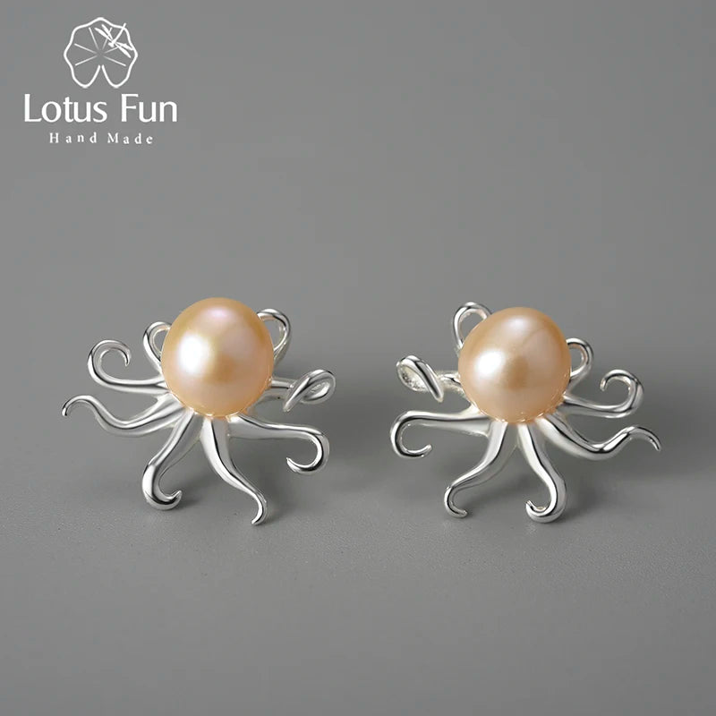 Lotus Fun Creative Octopus Natural Pearl Stud Earrings for Women Real 925 Sterling Silver Original Statement Luxury Fine Jewelry