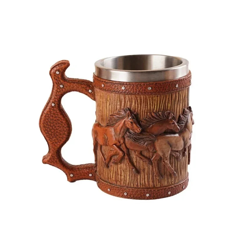 3D Handmade Beer Mug Wood Stainless Steel Cup Running Horses Simulation Wooden Barrel Double Wall Vintage Bar Accessories