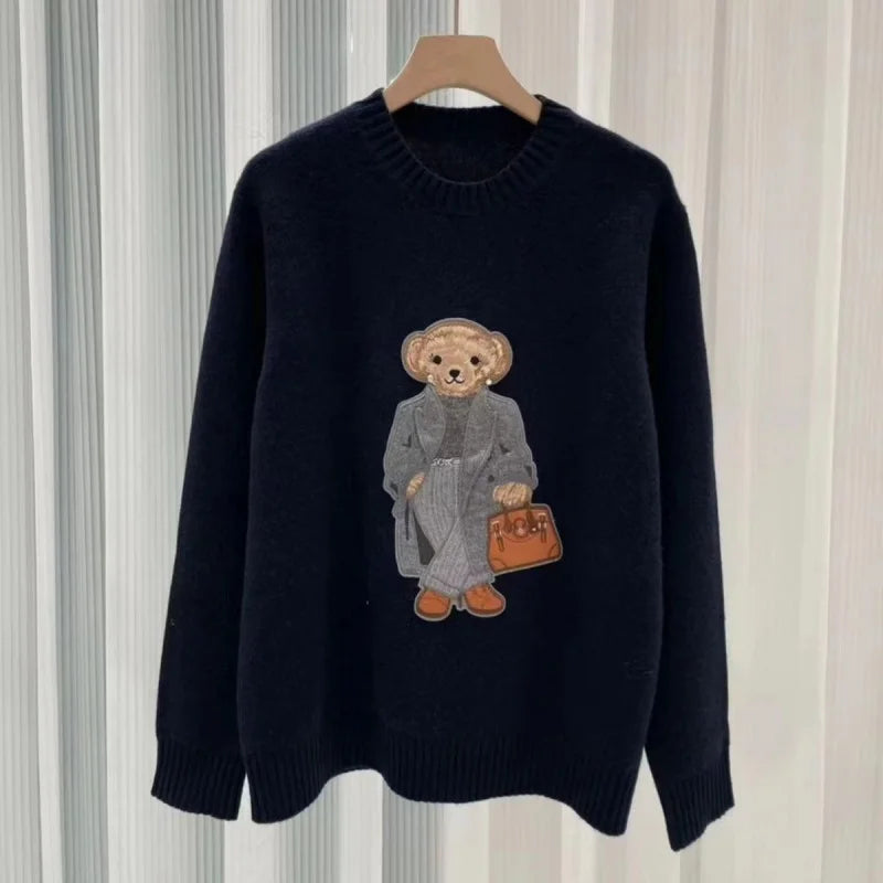 Rl Fall/Winter Cashmere Unisex Pullover Sweater Fashionable Casual Loose Fit O-Neck Knit Lauren Bear Women's Sweater 2024 New