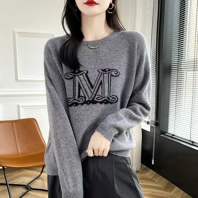 Autumn and winter new wool knitted sweater women's round neck loose slimming lazy style pullover sweater cashmere base sweater