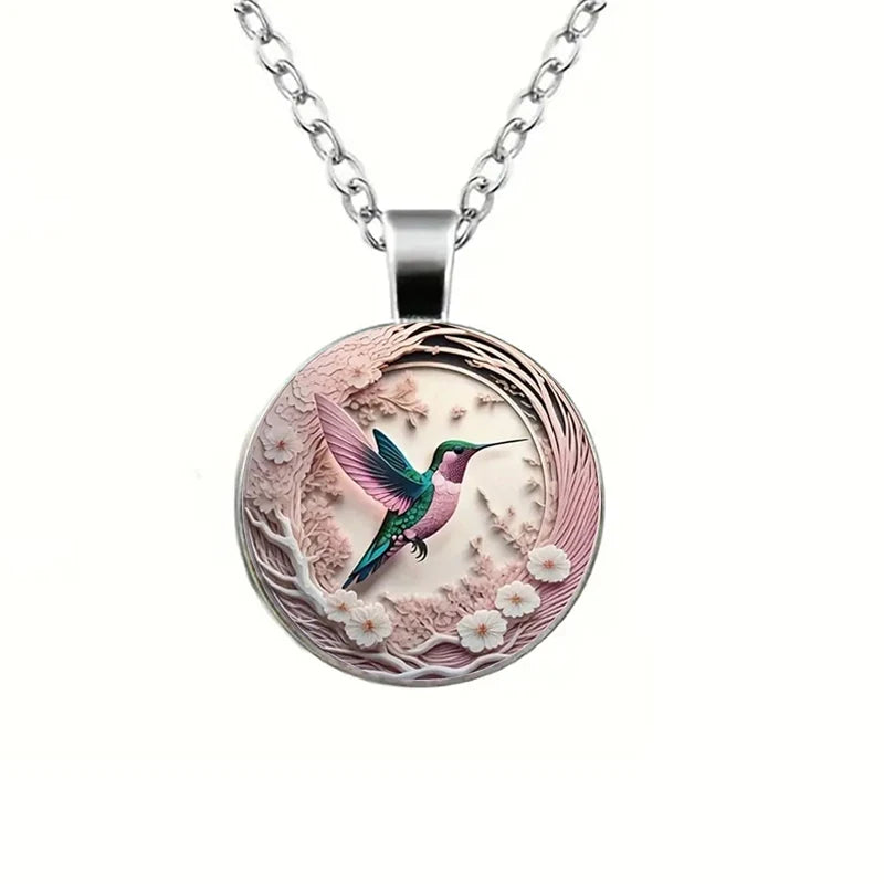 Cute Round Hummingbird Glass Dome Cabochon Pendants Necklaces Fashion Bird Rainforest Jewelry Accessories