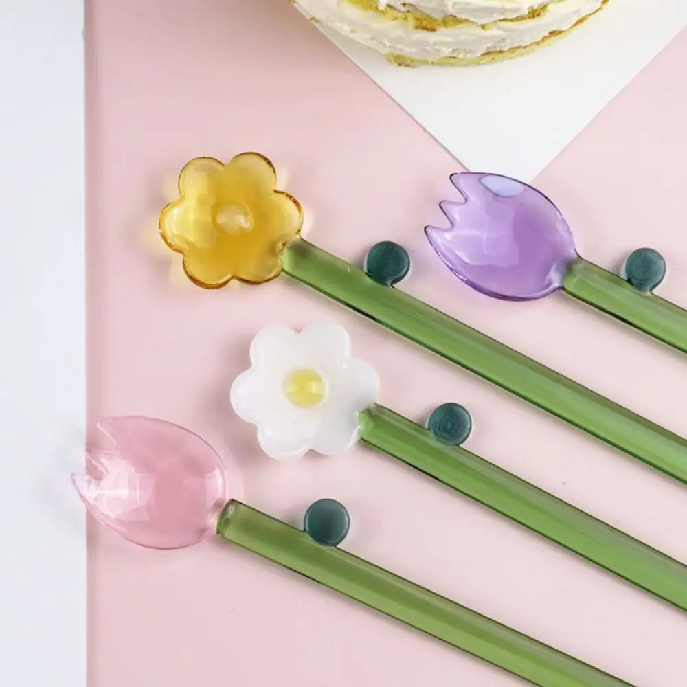 Long handle Glass Spoon Creative Transparent Glass Dessert Spoon Flower Shaped Colored Coffee Stirring Spoon Stick Bar