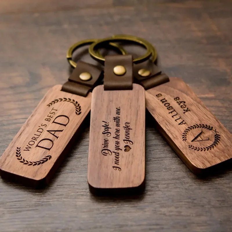 Customized PU Leather Wooden Keychain Blank DIY Wood Keyring Square Engraved Car Key Chains Retro for Friends Lovers Family Gift Valentines Gift