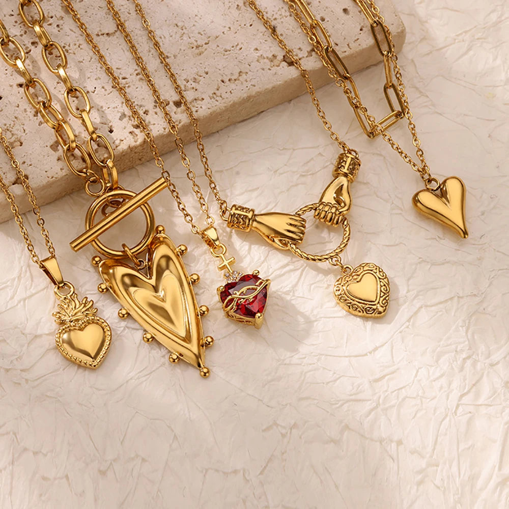 Punk Gold Color Heart Pendant Necklace for Women Stainless Steel OT Buckle Beaded Neck Chain Choker Y2K Jewelry Accessories