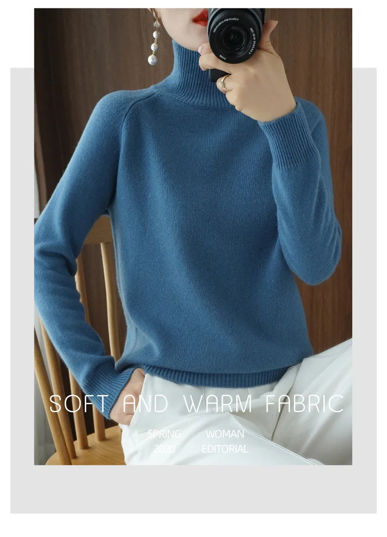 Fashion Basic Autumn Winter  Merino Wool Sweater Mock Neck Cashmere Pullover  Solid Color Soft Long Sleeve Clothing Tops