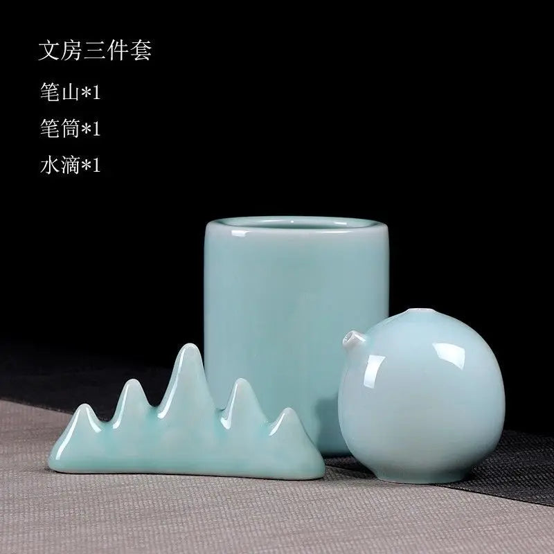 Royal Ming Celadon Study Four Treasures Set Calligraphy Supplies Pen Holder Paperweight Wash Adult