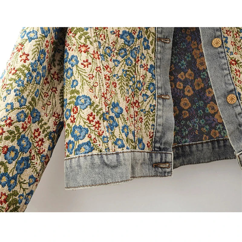 Spring Fashion Jacquard Embroidery Denim Jacket Women Loose Short Blue Cowboy Outwear Peter Pan Collar Jeans Jacket Coat Female