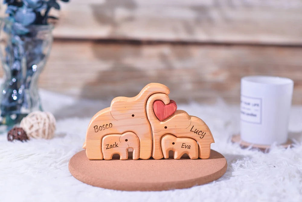 Personalized Elephant Family Wooden Puzzle Love Animal Wood Puzzle Custom Family Name Sculpture Free Engraving Decor Gifts Valentines Gift