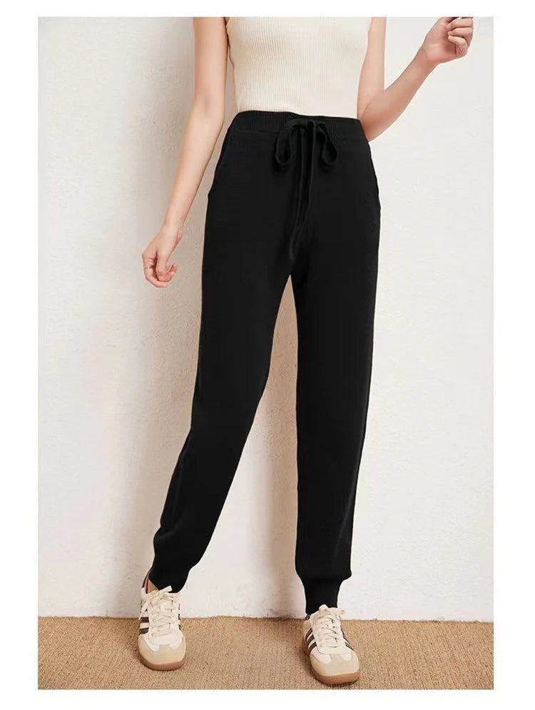 Women's 100% Wool Knitted Trousers, Casual Sports Sweatpants, Korean Version, Small Leg Pants, Female Cashmere Fashion Pants