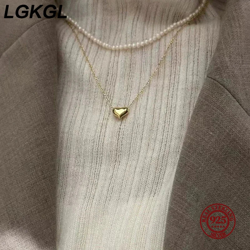 LGKGL 925 Sterling Silver Glossy Heart Pendant Plated 14K Gold Necklace Women  Fashion Temperament Anniversary Jewelry