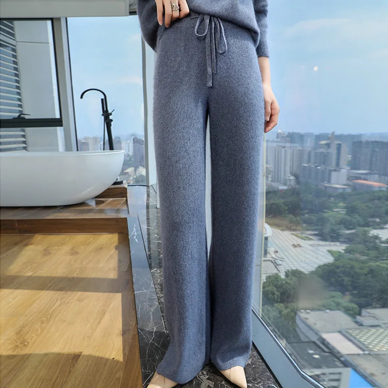 2024 Autumn/Winter New Mink Cashmere Wide Leg Pants for Women, Thickened, Warm, Loose, High Waist Strap up Vertical Casual Pants