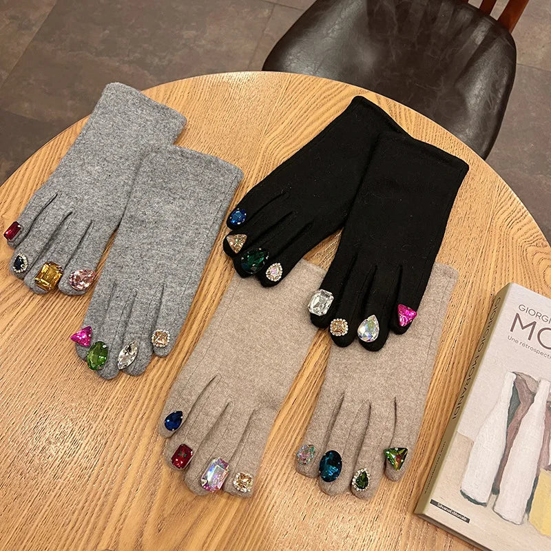 Cute Gloves for Women Autumn Winter Colorful Plastic Crystal Cashmere Black Grey Gloves Touch Screen Female Gift