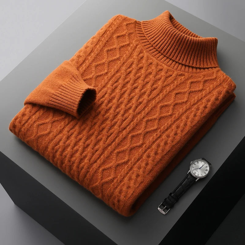 Autumn and winter new 100% wool cashmere sweater men's high neck thick jacquard bottoming shirt loose knit top warm pullover