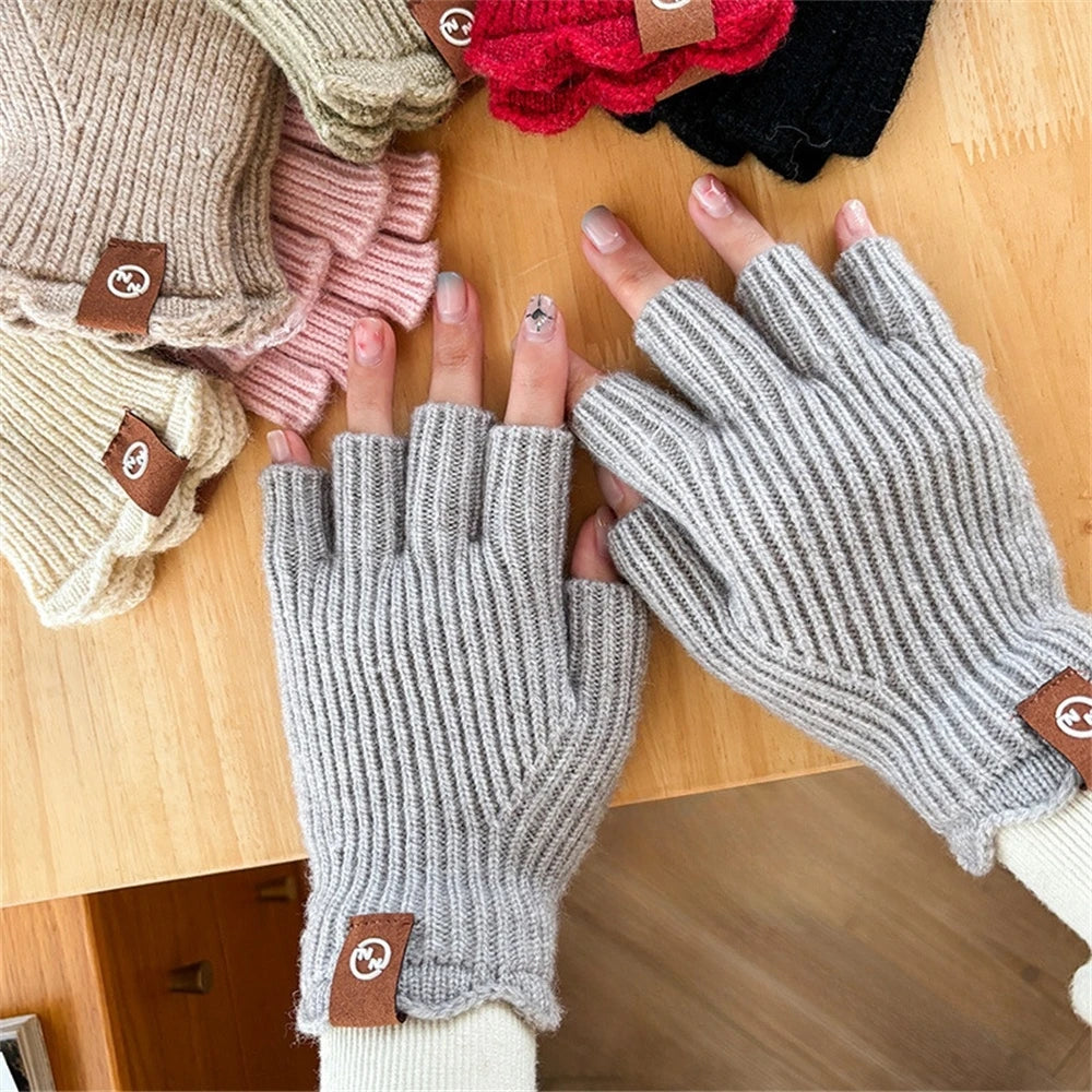 Women's Solid Color Knitted Warm Gloves Winter Half Finger Touch Screen Mittens Outdoor Cycling Stretch Gloves for Adult Couples