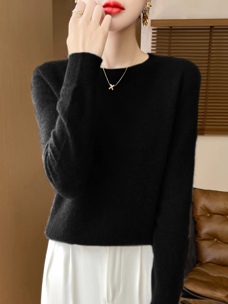 Autumn Winter Women Clothing O-Neck Pullover 100% Merino Wool Sweater New Fashion Cashmere Tops Bottoming Long Sleeve Knitwear