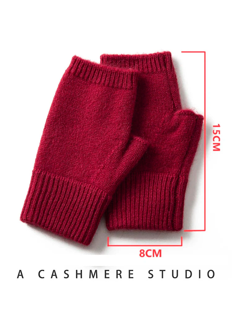 2024 Winter Women 100% Cashmere Mitts 15cm Knitted Fingerless Gloves Y2k Thermal Gloves Semi Finger Lengthen Mittens Arm Warmers