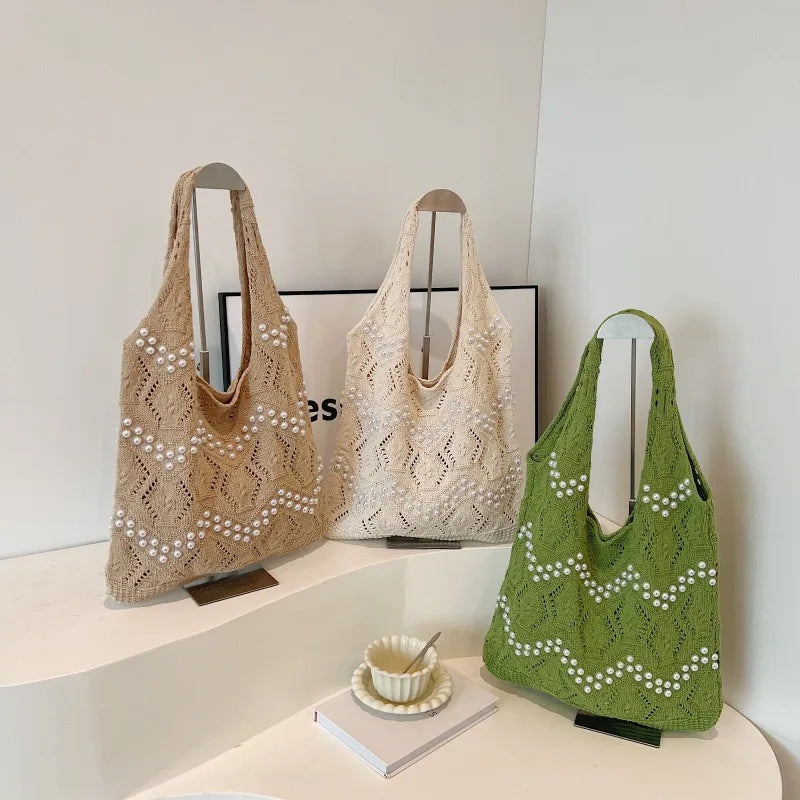 Hollow Out Large Capacity Knitting Shoulder Bags Pearl Unique Design Grace Sense of Luxury Hand Bags for Women 2024 Casual Tote