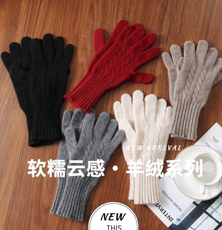 Women Wool Cashmere Gloves Cable Knit Touchscreen Finger Hole Winter Autumn Warm Wrist Length Classic Gloves Female Mitten