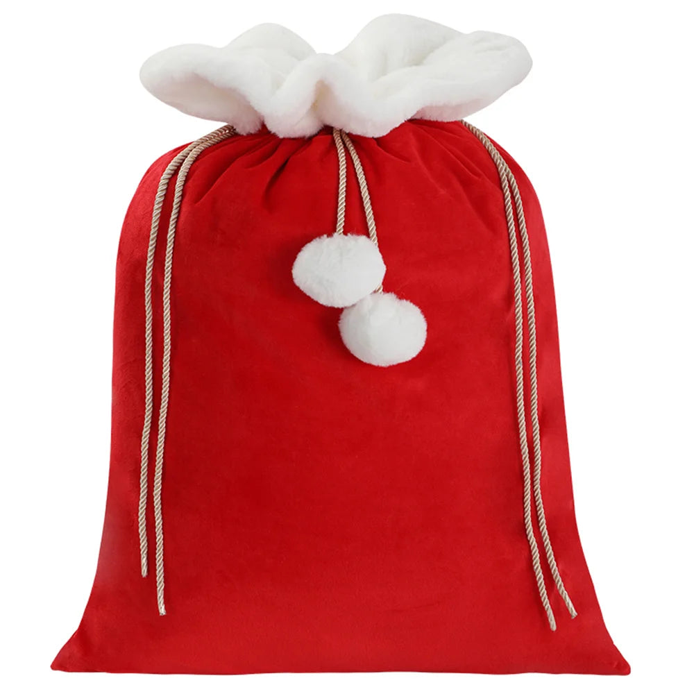 Plush Christmas Santa Sack Cord Drawstring With Pom Pom For Kids Luxury Xmas Gift Bag Merry Christmas