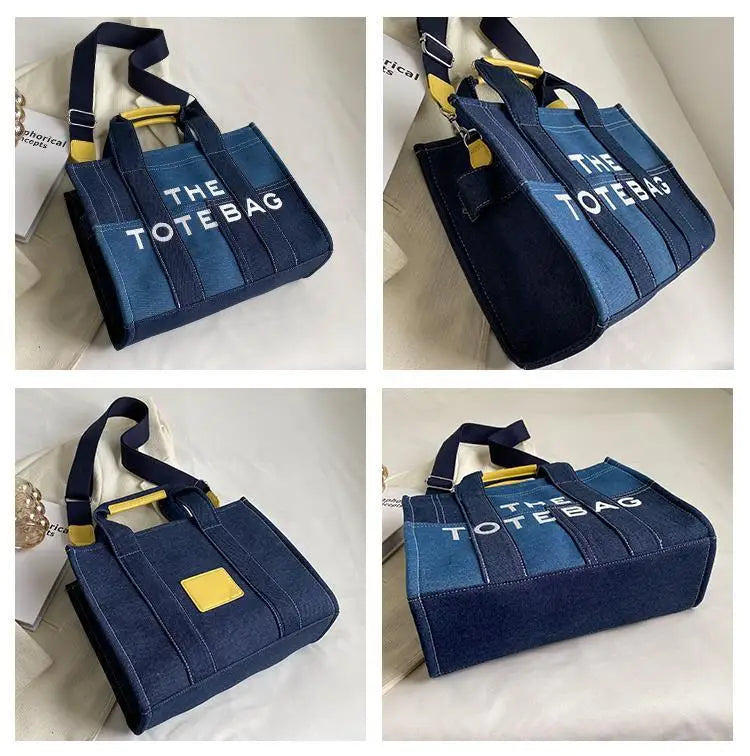 High-capacity Letter Print Underarm Bag Women Y2k New Trendy Fashion Shoulder Handbags Contrast Color Patchwork Denim Tote Bags