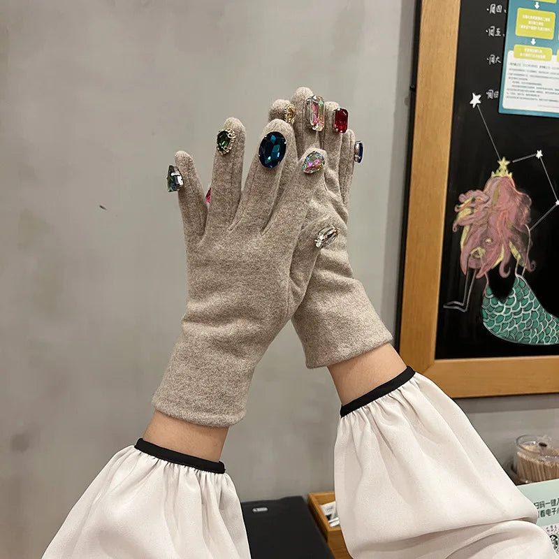 Cute Gloves for Women Autumn Winter Colorful Plastic Crystal Cashmere Black Grey Gloves Touch Screen Female Gift